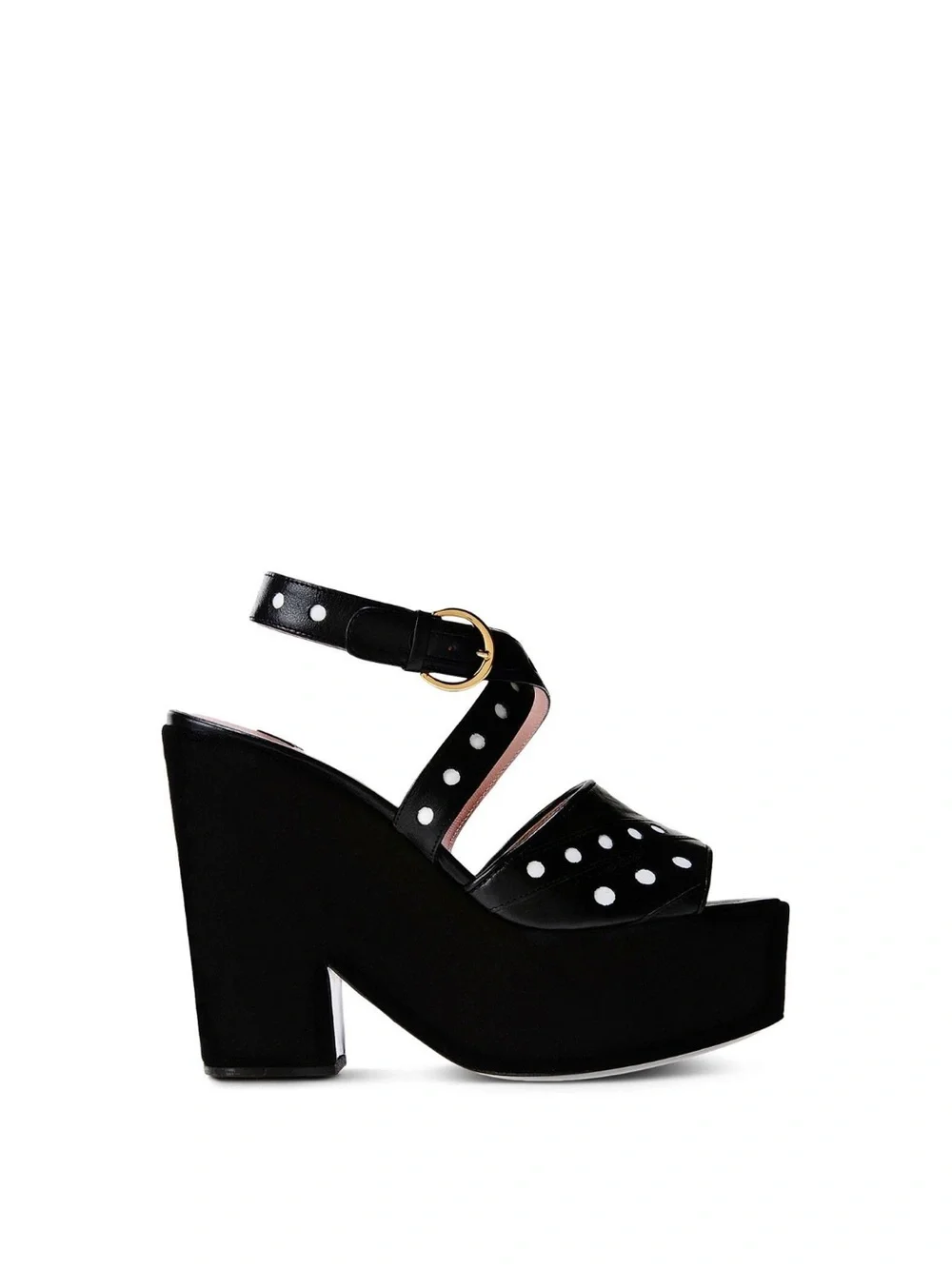 Moschino Black Leather Platform Sandals with White Polka Dots and Gold Buckle